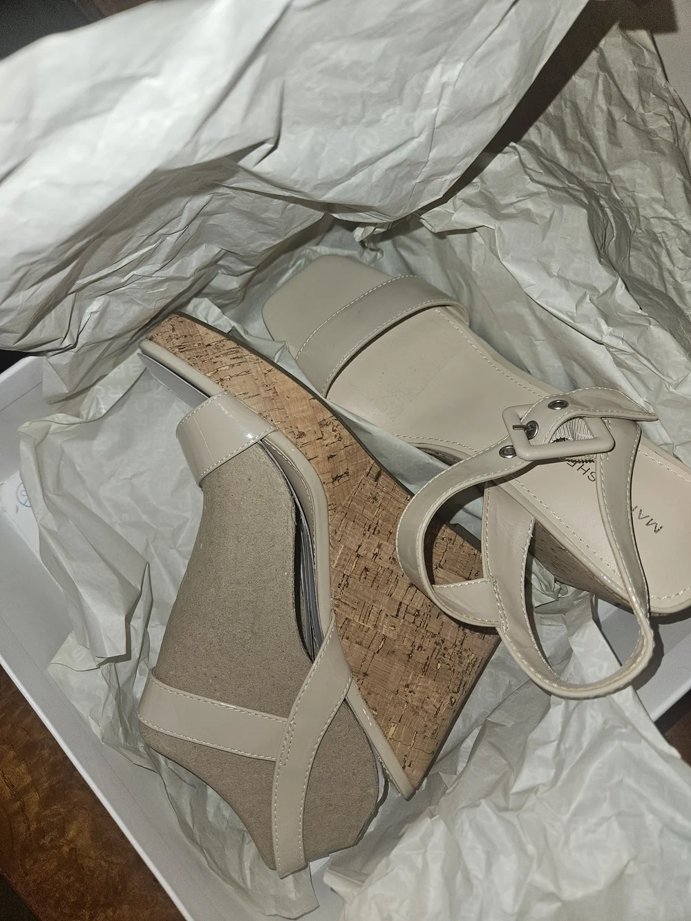 Marc Fisher Cream Patent Cork-Platform Sandals